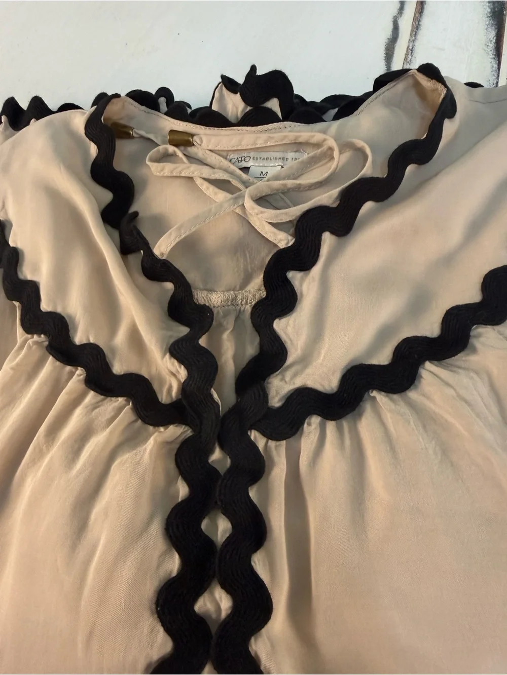 Cato tan Blouse with Black Wavy Trim Size Medium